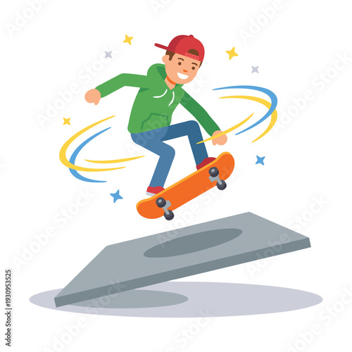 Young boy performing a skateboard trick on a ramp.