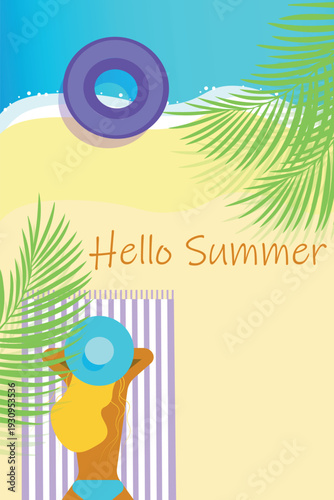 Beautiful girl sunbathing on the beach, tropical island, vector illustration
