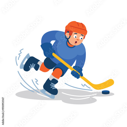 Photography Young boy playing ice hockey with a puck and stick.