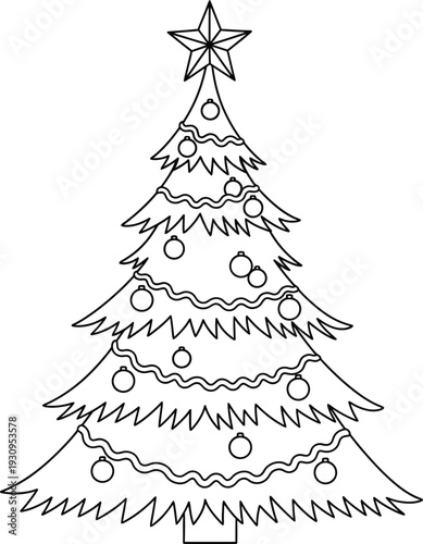 A simple line drawing of a decorated christmas tree