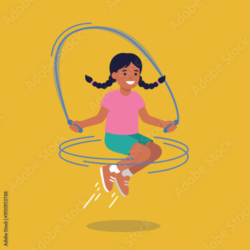 Young girl joyfully jumping rope outdoors.