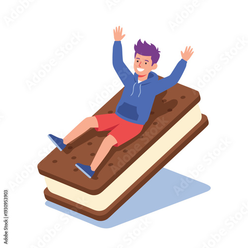 Young man joyfully sliding down a giant ice cream sandwich.