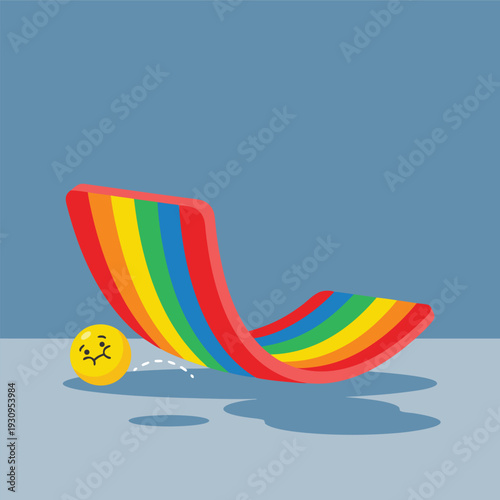 Sad yellow ball crying on a rainbow slide.