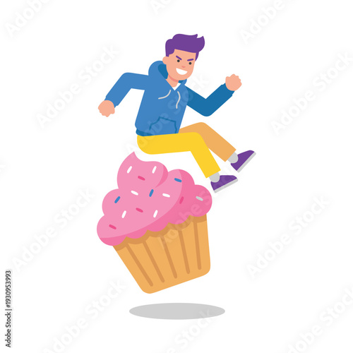 Young Man Jumping Over A Giant Cupcake.