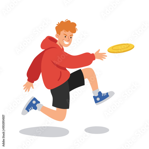 Young Man Playing Frisbee in Mid-Air.