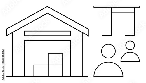 Logistics, storage, supply chain, inventory, teamwork, warehouse operations. Minimalist line art showing a warehouse with boxes and two human figures. Logistics and storage concept
