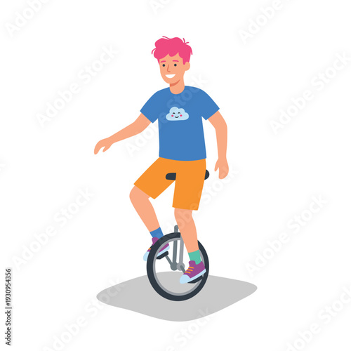 Young man with pink hair riding a unicycle.