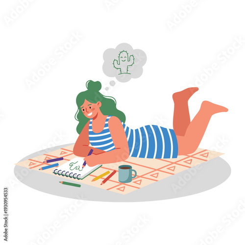 Young Woman Relaxing and Drawing a Cactus.