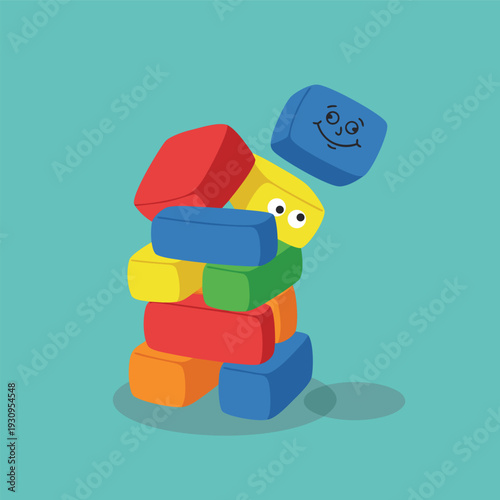 Stack of colorful building blocks with a smiling blue block on top.