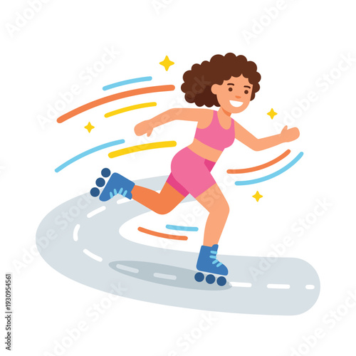 Young Woman Roller Skating on a Curved Path.