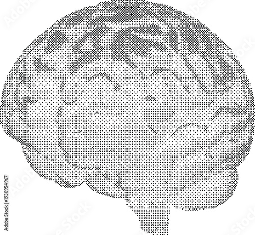 Thinking Brain Halftone Texture Symbol pixelated dithered mind icon for artificial intelligence creative ideas and neuropsychology medical visuals.