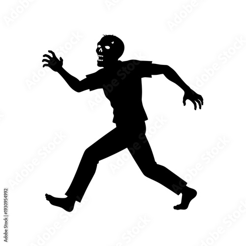 Black silhouette of a running zombie monster isolated on white background