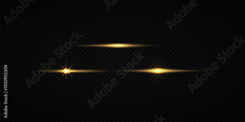 Glowing Golden Star Light Effect with Sparkle Rays and Lens Flare Illumination on Transparent Background