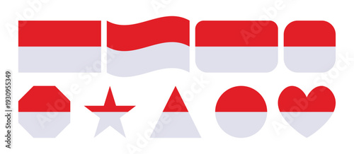 Free Download Indonesia flag collection in multiple shapes including rectangle wave rounded square hexagon star triangle circle and heart isolated on white background for national design use - GFXLoad