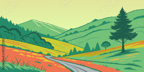 Winding road through hills and mountains representing rural travel journey, scenic outdoor environment, adventure destination, and natural landscape illustration.