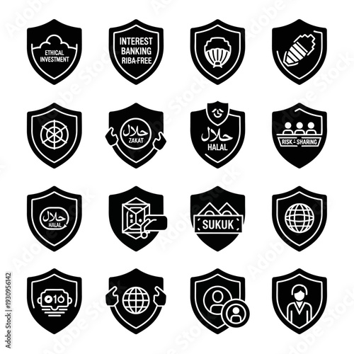 Collection of black and white shield icons representing various financial and cultural concepts.