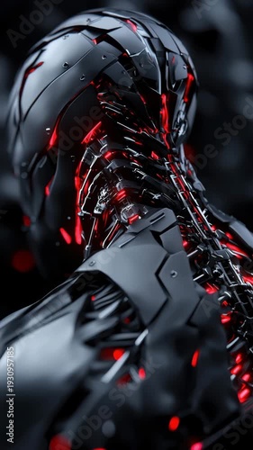 A striking robotic figure with a complex structure features glowing red elements against a dark, abstract backdrop. The design emphasizes a blend of technology and art.
