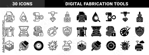 Hybrid printing and digital fabrication symbols featuring integrated industrial hardware with organic growth and advanced security scanning concepts