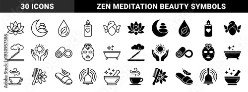 Minimalist wellness and spa hybrid icons featuring lotus yin yang moon stones candle heart sun hands yoga mat facial mask tea cup bell and mortar pestle