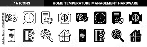 HVAC and Climate Control System Interface Icons Featuring Hybrid Air Filtration Purifier Energy Efficiency and Smart Home Temperature Management Symbols