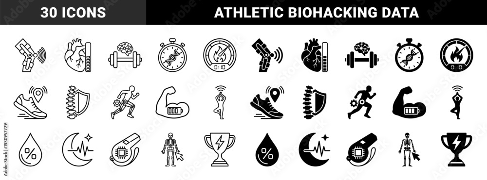 Obraz premium Biometric sports performance monitoring and biohacking symbols featuring anatomy merged with digital data trackers and physiological progress indicators