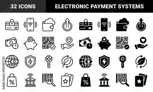 Fintech and Digital Banking Hybrid Iconography Featuring Encrypted Credit Card Mobile Payment Cloud Wallet and Global Financial Transaction Symbols