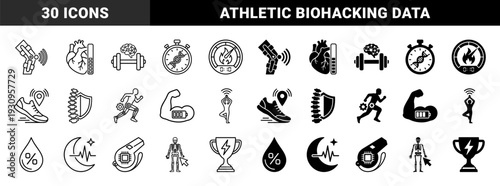 Biometric sports performance monitoring and biohacking symbols featuring anatomy merged with digital data trackers and physiological progress indicators