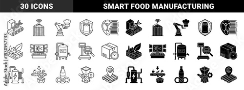 Industrial Smart Food Production and Lab Grown Meat Manufacturing Icons Featuring Hybrid Symbols for Cellular Agriculture and Sustainable Biotech