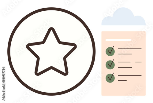 Quality assurance, task tracking, goal achievement, productivity, evaluation, list management. Star icon next to a checklist with checkmarks and cloud. Quality assurance and task tracking concept