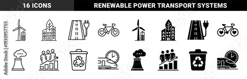 Sustainable energy and eco city infrastructure hybrid symbols featuring wind turbine batteries green architecture and electric transport systems