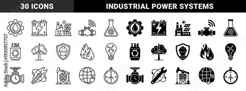 Hybrid Industrial Energy Icons Merging Smart Technology with Traditional Power Sources Featuring Renewables Infrastructure and Global Utility Management