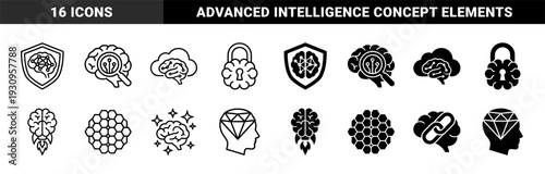 Collection of hybrid brain symbols merging human intelligence with security shields magnifying glasses rockets and geometric data structures