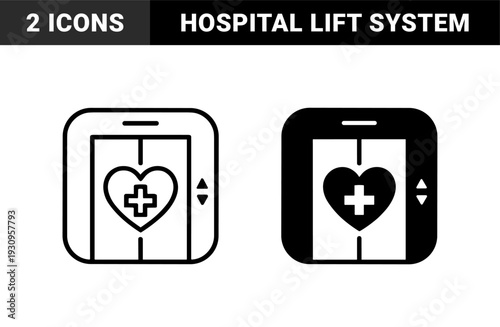 Medical Elevator Lift with Heart and Cross Symbolism Representing Emergency Hospital Transportation in Outline and Solid Glyph Style