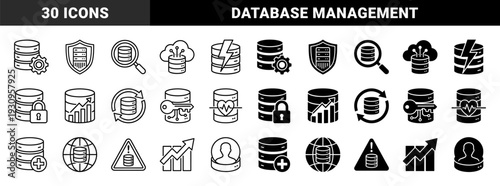 Data storage and database management icons featuring hybrid symbols for security analytics cloud computing and system server performance monitoring