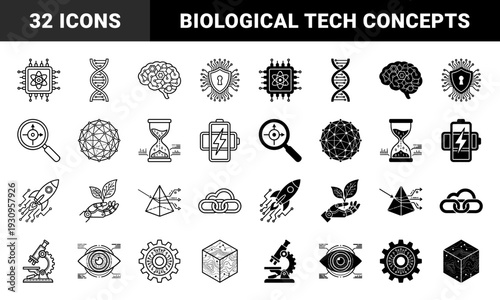 Hybrid scientific and technological symbols featuring integrated circuits combined with biological dna neural brains and quantum atomic structures in outline and solid styles