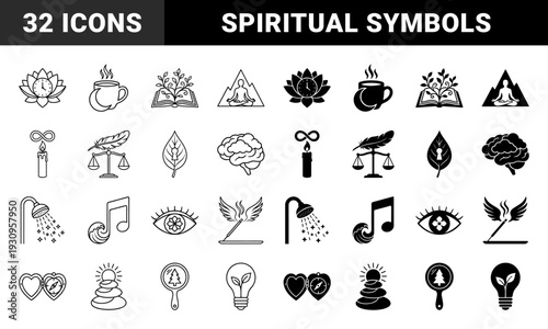 Mindfulness and spiritual wellness symbols featuring hybrid concepts like lotus clock meditation mountain and infinity candle in outline and solid styles