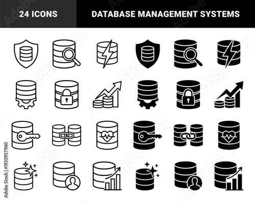 Hybrid database icons featuring cylinder storage symbols merged with security shields magnifying glasses power bolts gears locks keys and growth charts