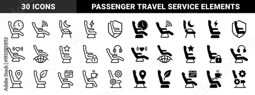 Airline Cabin Seat Services and Passenger Comfort Amenities Hybrid Icon Set Featuring Travel Logistics Connectivity and Inflight Experience Symbols