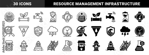 Hybrid environmental utility and laboratory research symbols featuring water management infrastructure renewable energy and scientific data monitoring