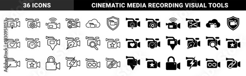 Professional video camera symbols integrated with creative conceptual metaphors featuring both minimalist line and solid silhouette graphic styles