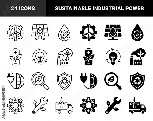 Sustainable energy and eco friendly industry icons featuring hybrid designs merging renewable power sources with industrial manufacturing and global logistics