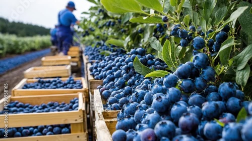 Workers are busy picking ripe blueberries at a farm surrounded by lush green fields. Baskets are filled with large, succulent blueberries ready for sale.