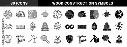 Hybrid wood grain and timber industry symbols combining natural rings with digital circuits construction tools and architectural elements in linear and solid styles