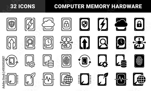 Hard drive storage management and data protection hybrid symbols featuring dual line and solid styles for server hardware monitoring and digital memory backup