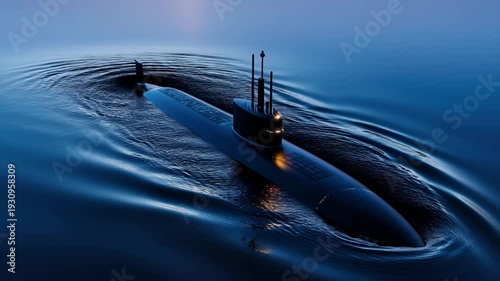 A submarine is navigating quietly through smooth waters during twilight. The dim light casts an eerie glow on the vessel, creating a tranquil atmosphere.