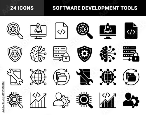 Cybersecurity and software development symbols featuring hybrid designs with integrated magnifying glass bug tracking and encrypted data server metaphors