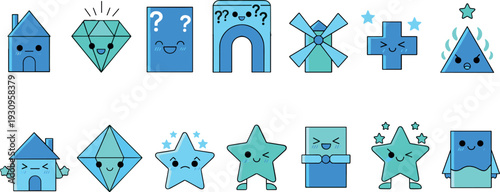Collection of cute blue geometric characters with various facial expressions and shapes