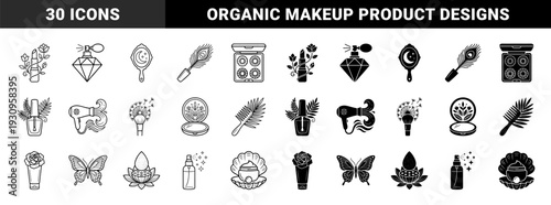 Collection of botanical beauty hybrid symbols featuring cosmetic products merged with floral elements like roses lilies and palm leaves in line and solid styles