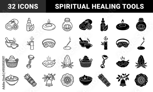 Wellness and Holistic Therapy Elements Featuring Symmetrical Line and Solid Hybrid Designs for Spiritual Healing and Natural Spa Branding