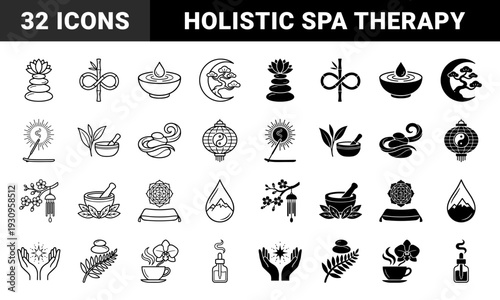 Zen wellness symbols featuring hybrid designs of lotus basalt stones bamboo stalk incense burner and herbal tea in outline and solid styles